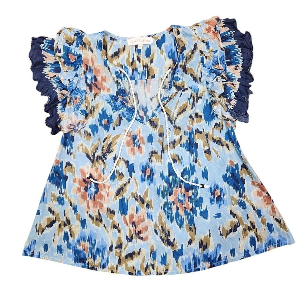 House of Harlow Blue Babydoll Top Size XS Ikat Boho Western Festival Prairiecore